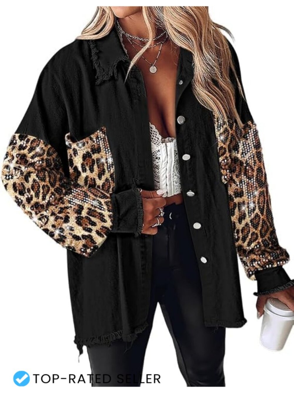 CHICME Women's Oversized Sequin Shacket Jacket Leopard Patchwork